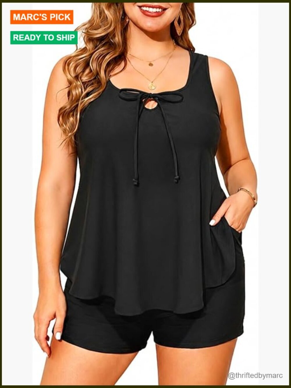 Plus Size Tankini Swim Set - Two Piece Bathing Suit with Shorts & Pockets